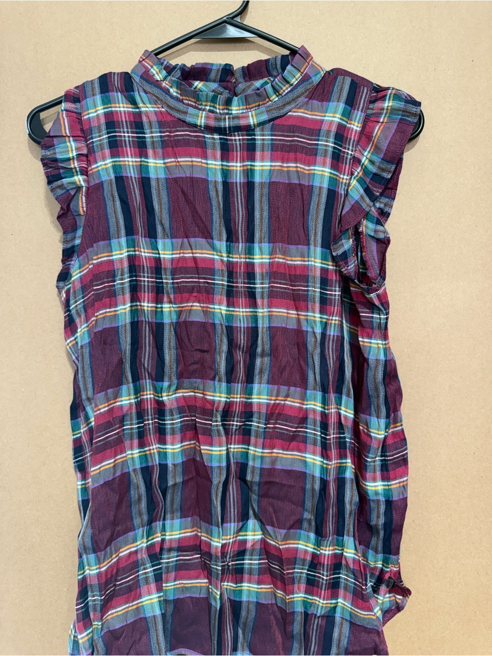 LOFT Burgundy Plaid Ruffle Sleeve Shell